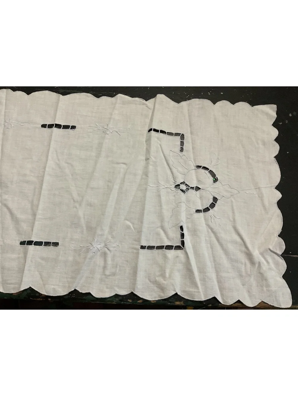 Vintage White Linen Embroidered Table Runner with Cutwork 32 1/2” x 14”